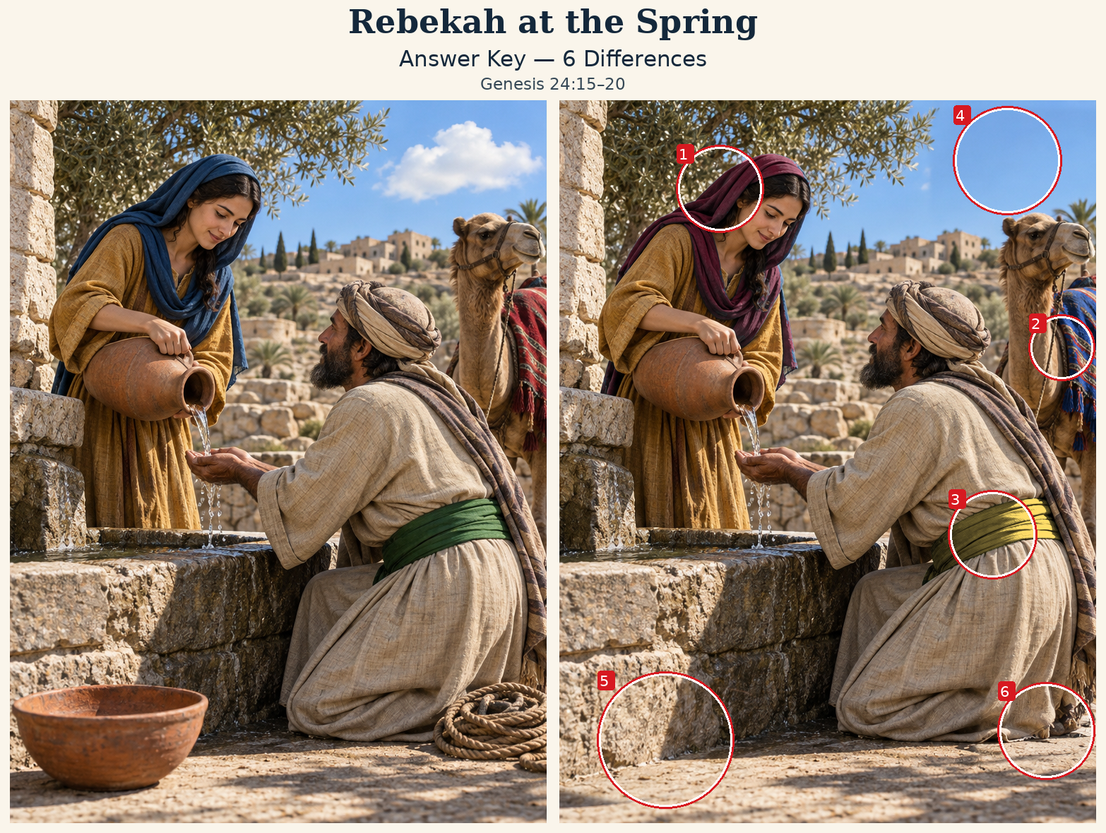 Answer key: six differences marked on the right scene