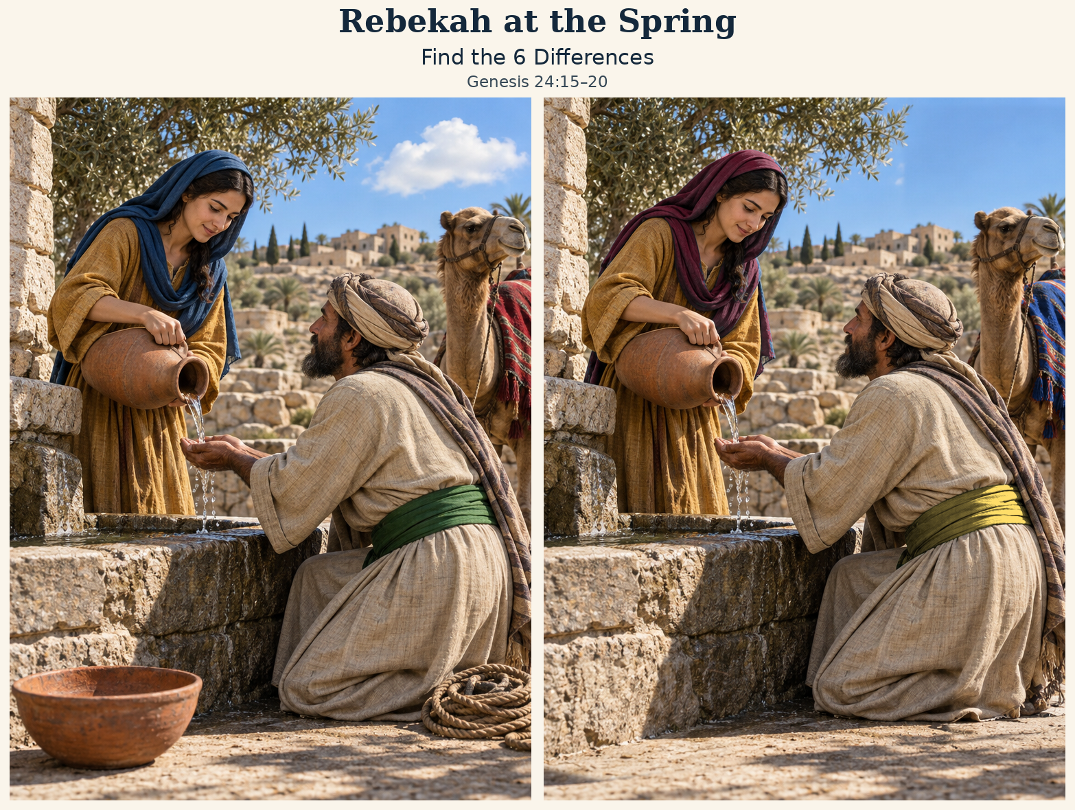 Two matching scenes of rebekah at the spring, with six differences to find.