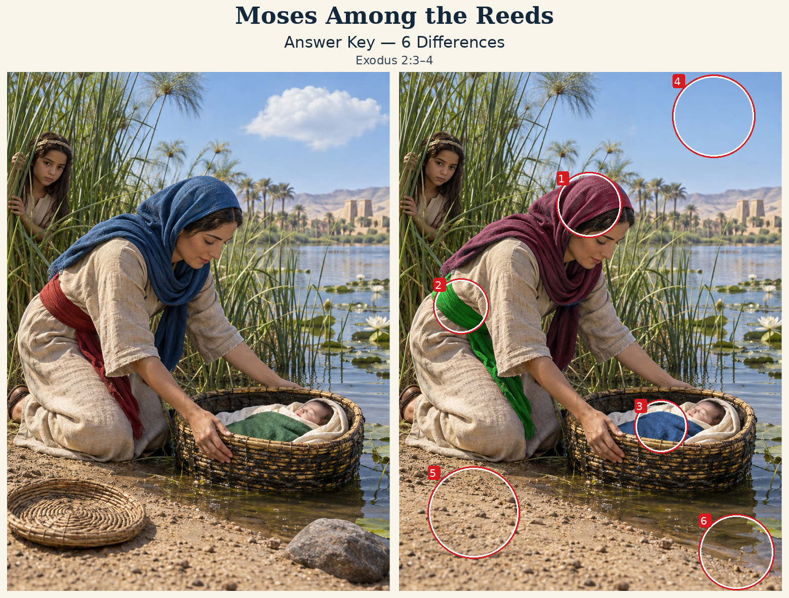 Answer key: six differences marked on the right scene
