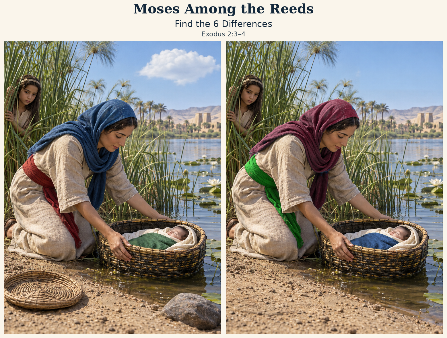 Two matching scenes of moses among the reeds, with six differences to find.