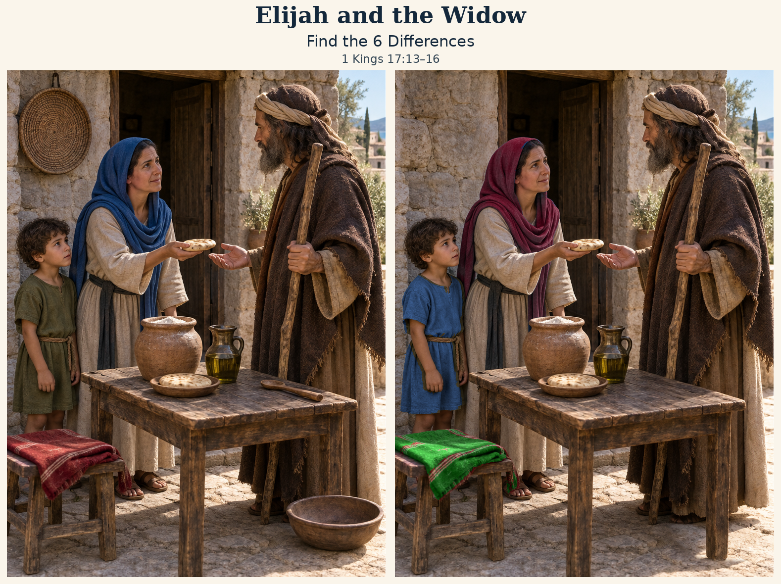 Two matching scenes of elijah and the widow, with six differences to find.
