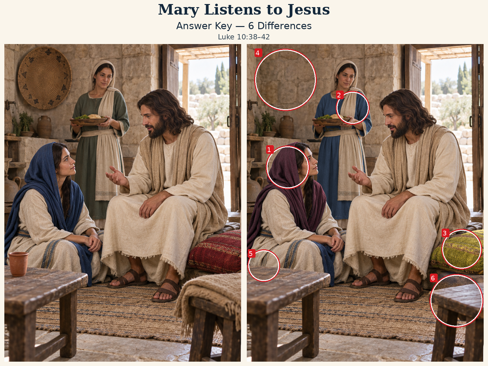 Answer key: six differences marked on the right scene