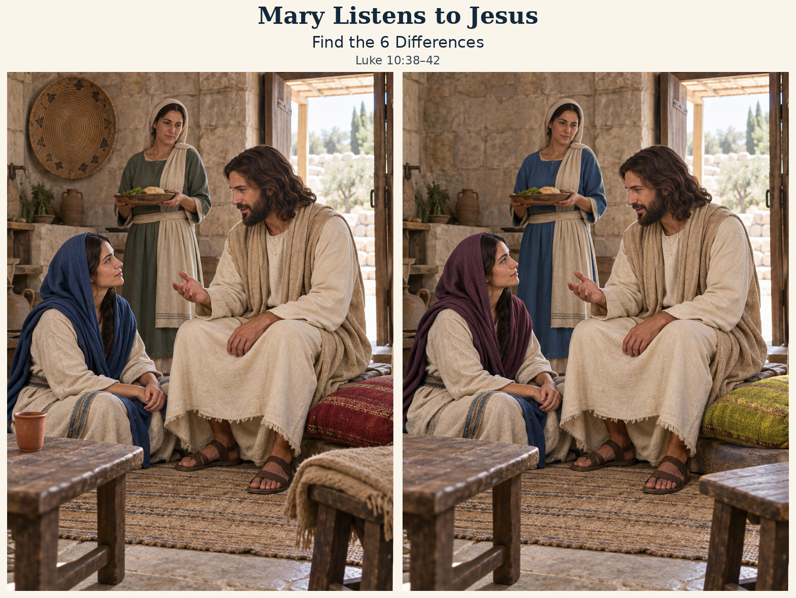 Two matching scenes of mary listens to jesus, with six differences to find.