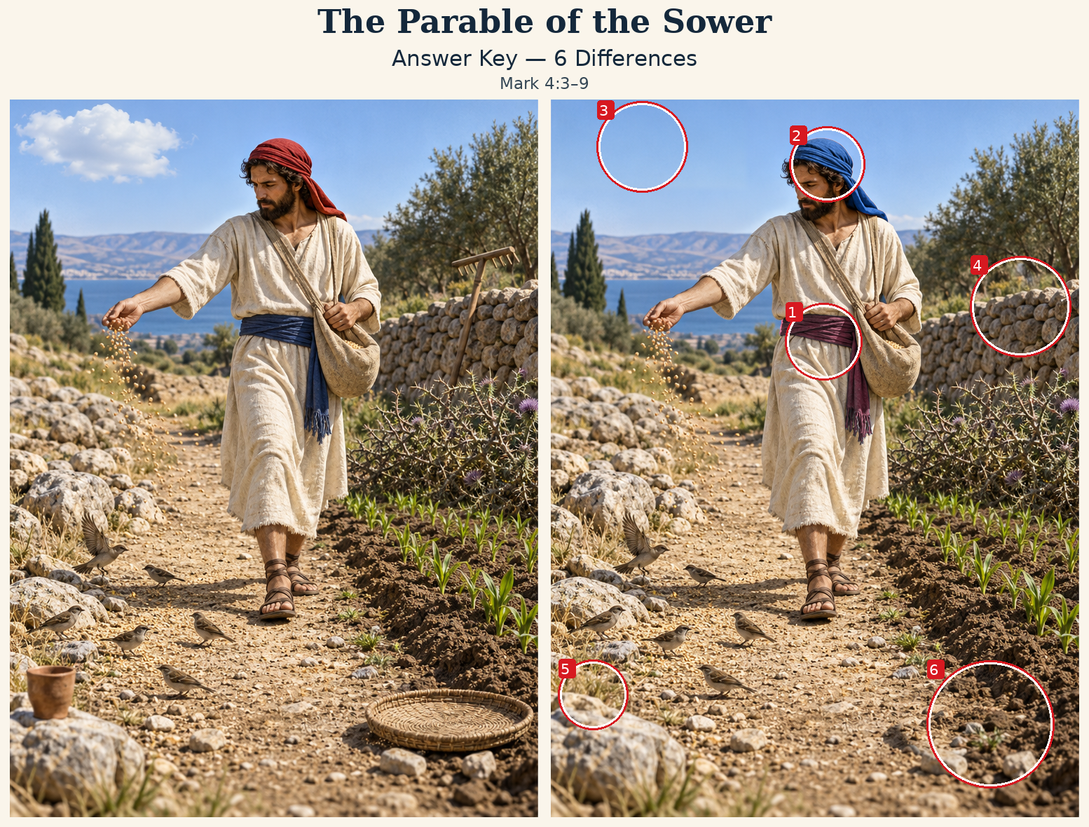 Answer key: six differences marked on the right scene