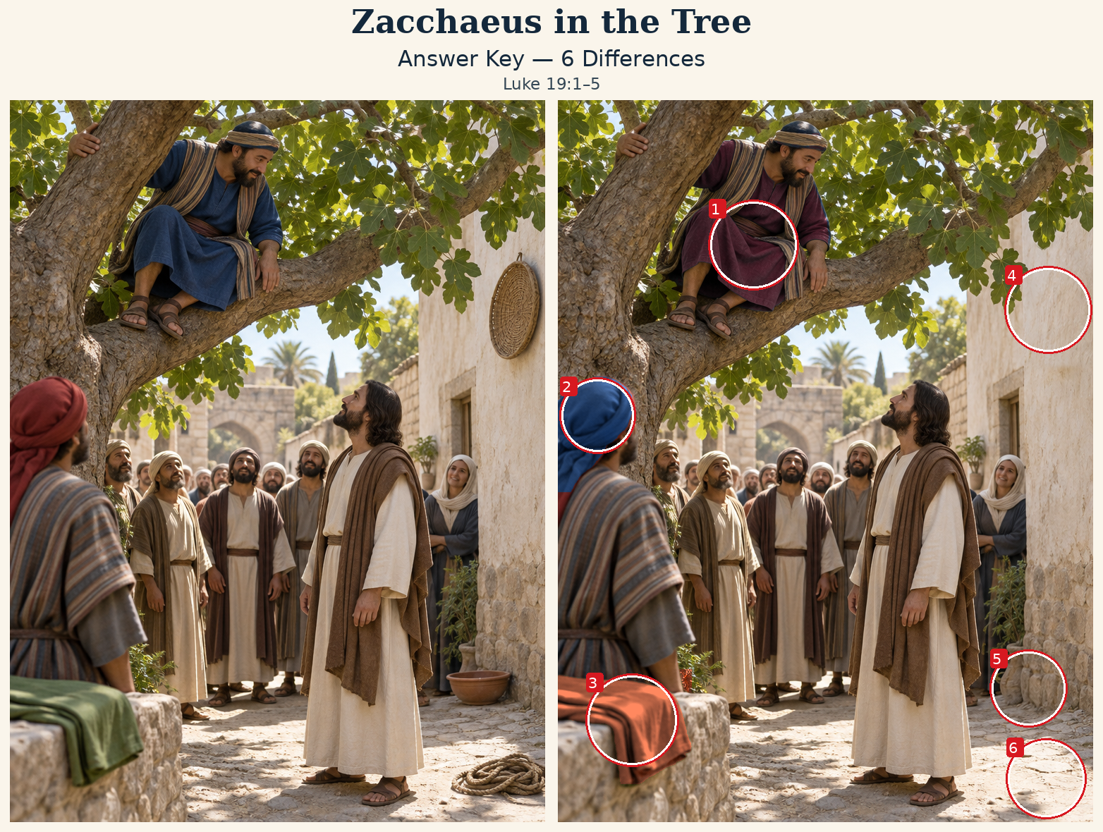 Answer key: six differences marked on the right scene