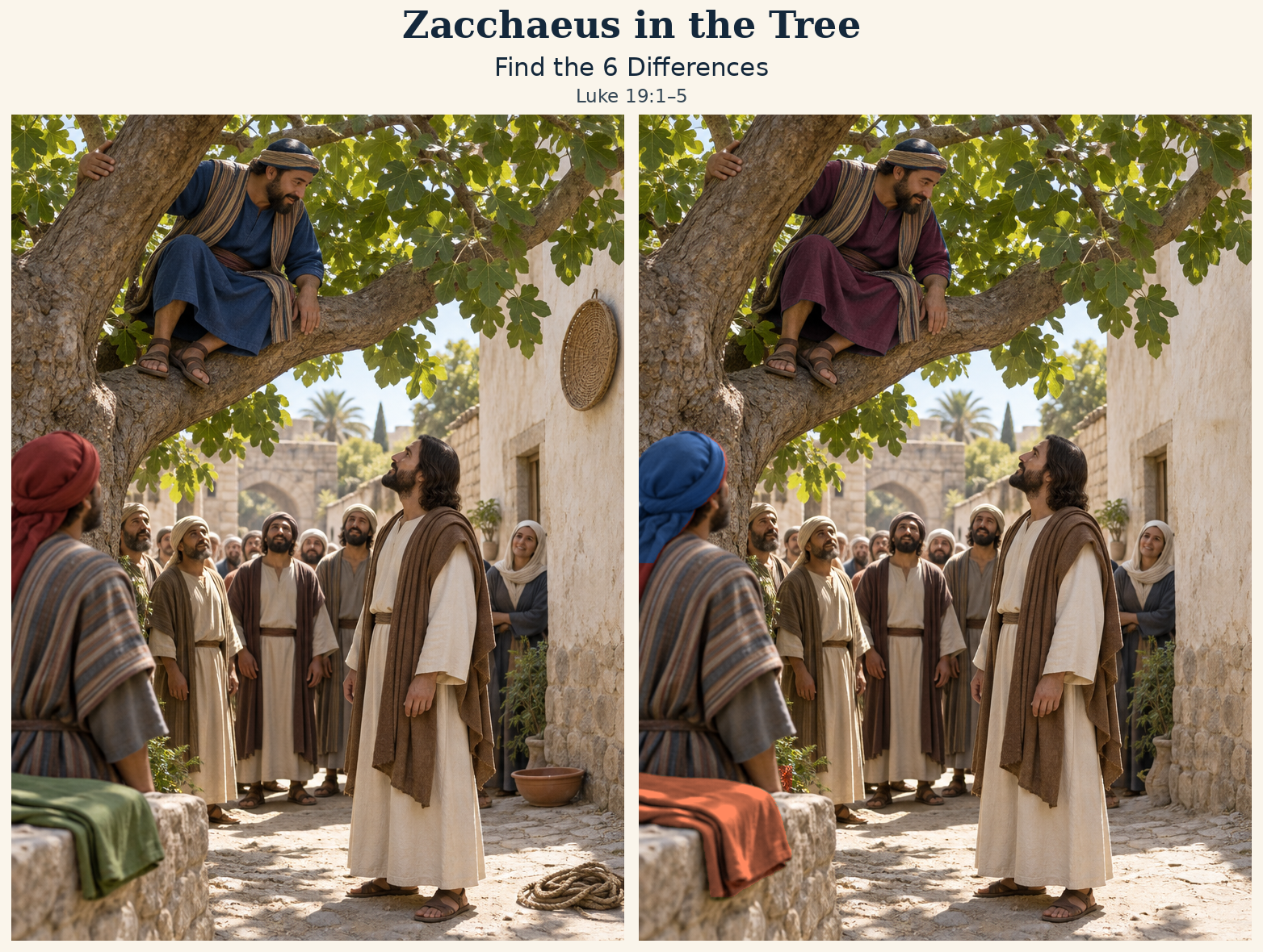 Two matching scenes of zacchaeus in the tree, with six differences to find.