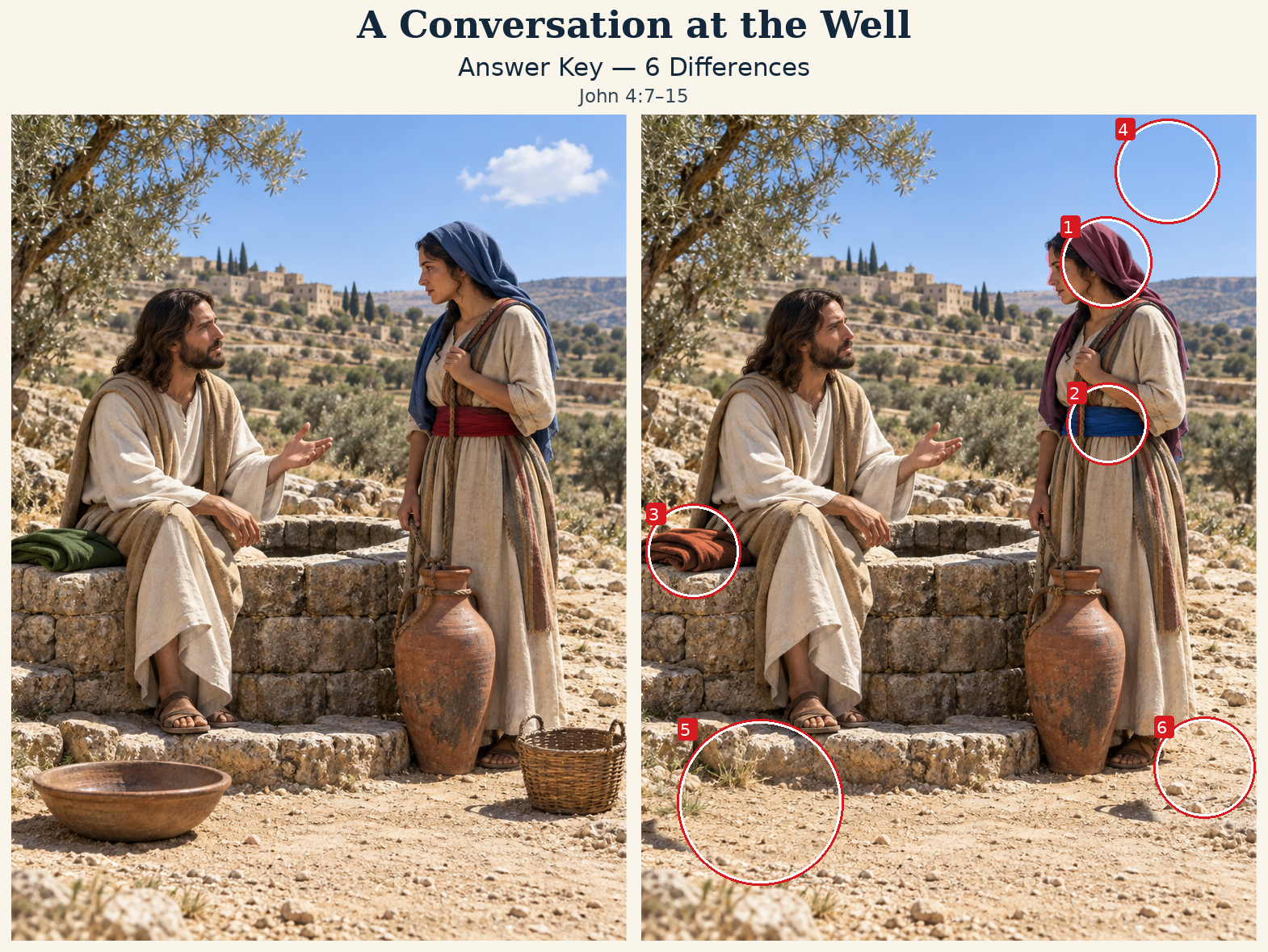 Answer key: six differences marked on the right scene