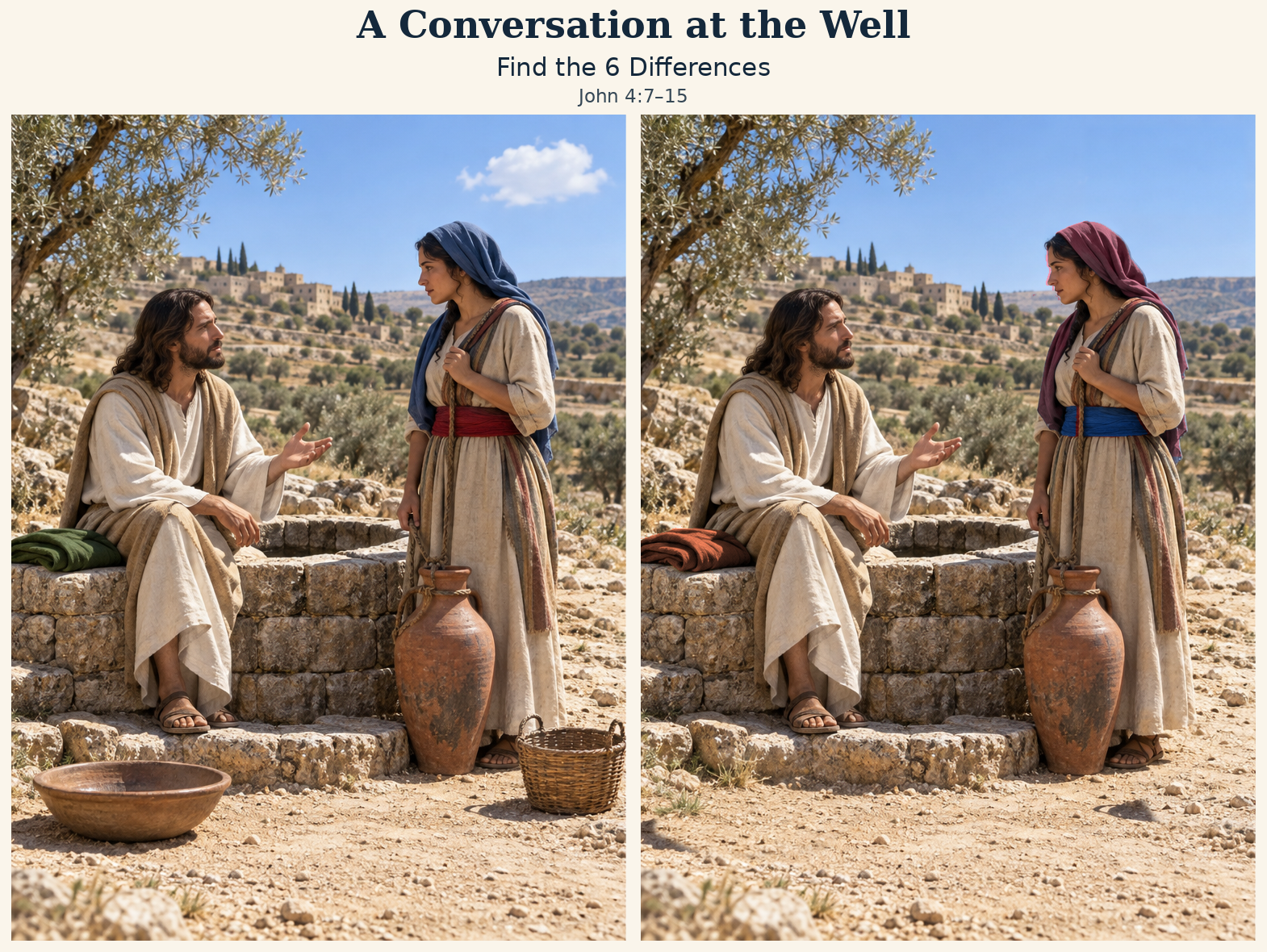 Two matching scenes of a conversation at the well, with six differences to find.