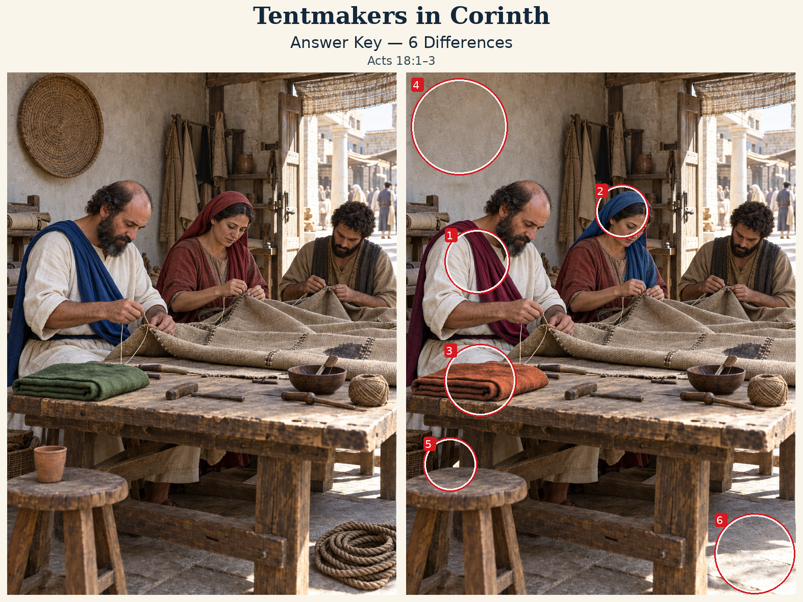 Answer key: six differences marked on the right scene