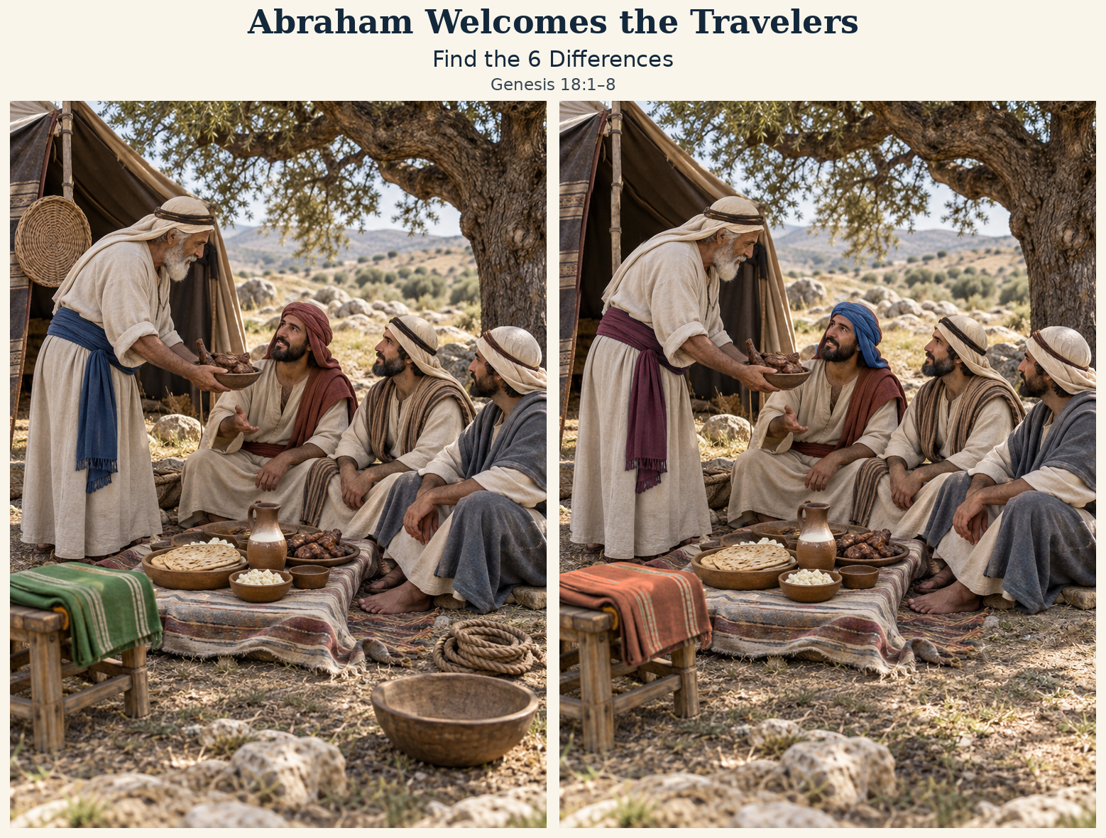 Two matching scenes of abraham welcomes the travelers, with six differences to find.