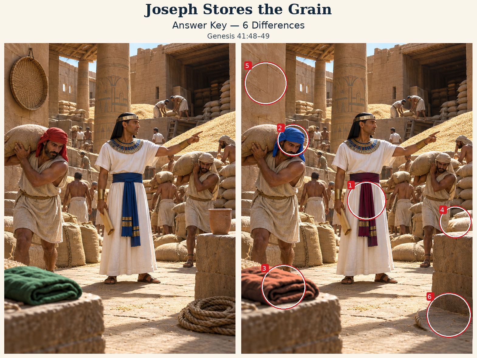 Answer key: six differences marked on the right scene