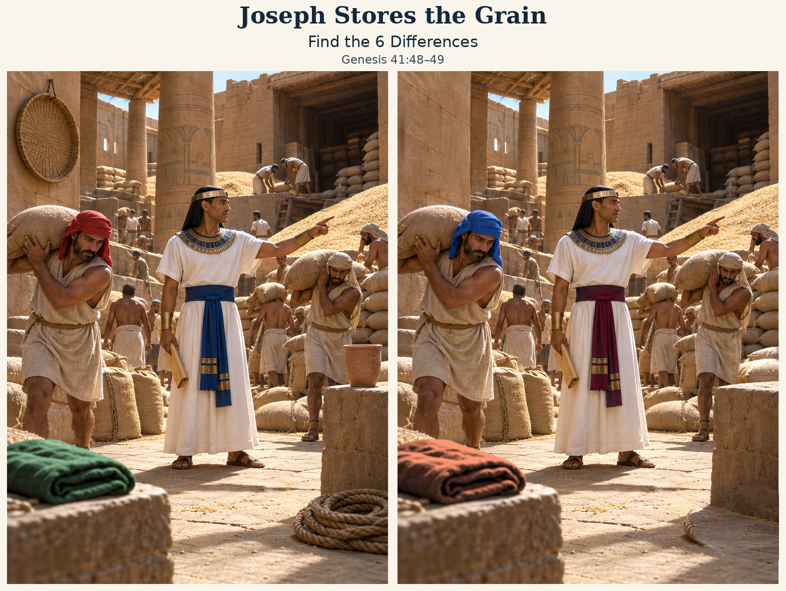 Two matching scenes of joseph stores the grain, with six differences to find.