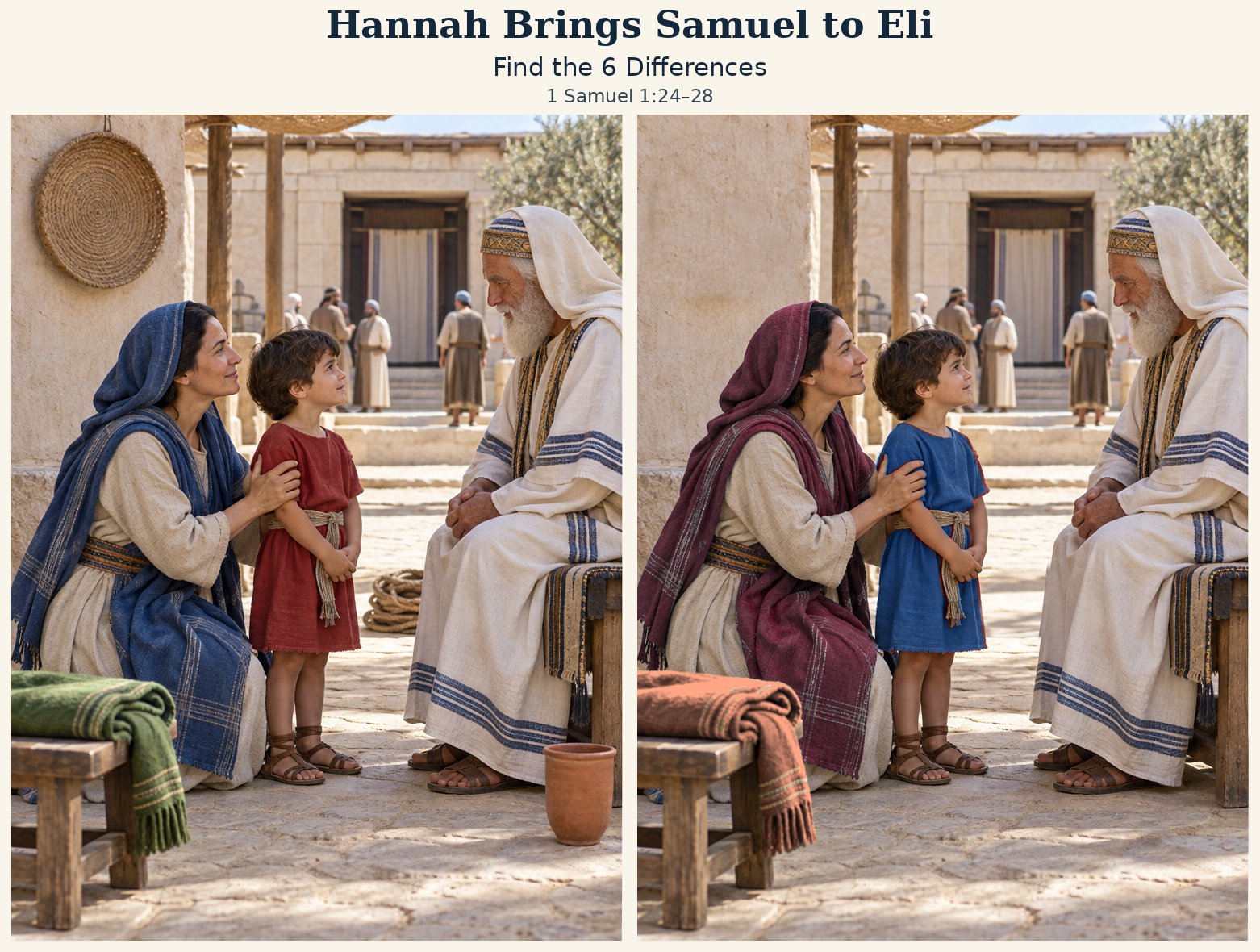 Two matching scenes of hannah brings samuel to eli, with six differences to find.