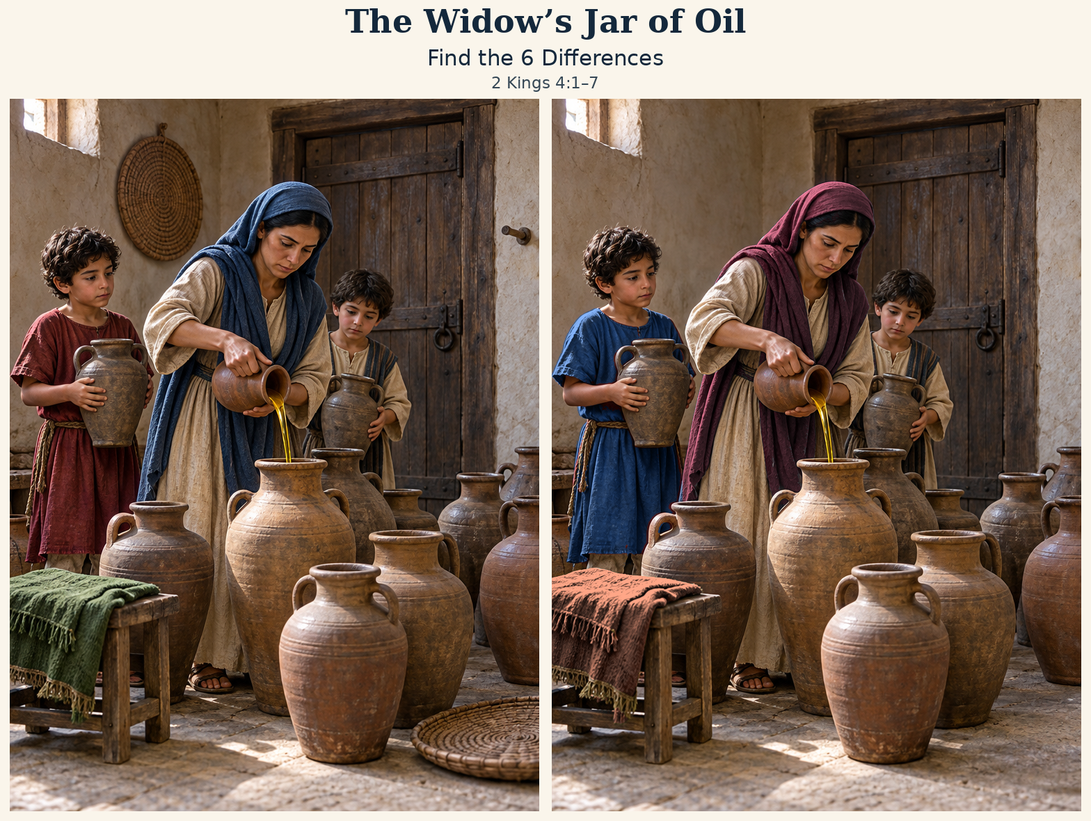 Two matching scenes of the widow’s jar of oil, with six differences to find.