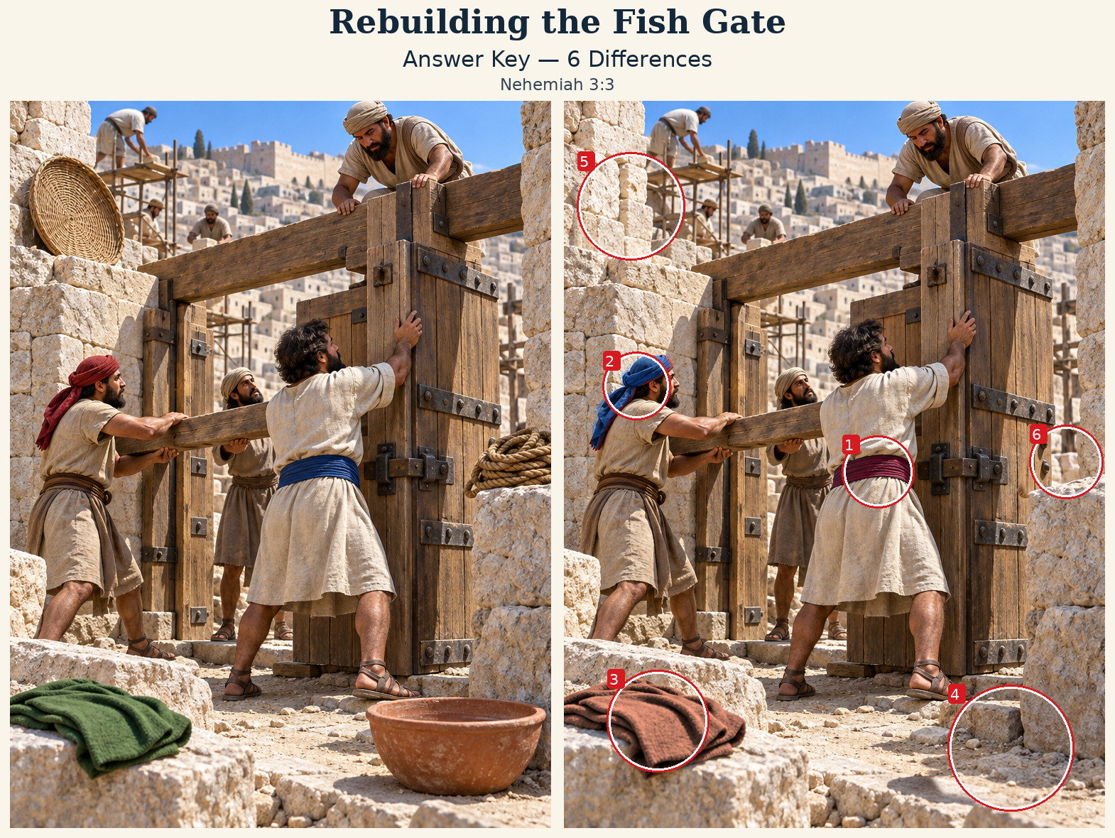 Answer key: six differences marked on the right scene