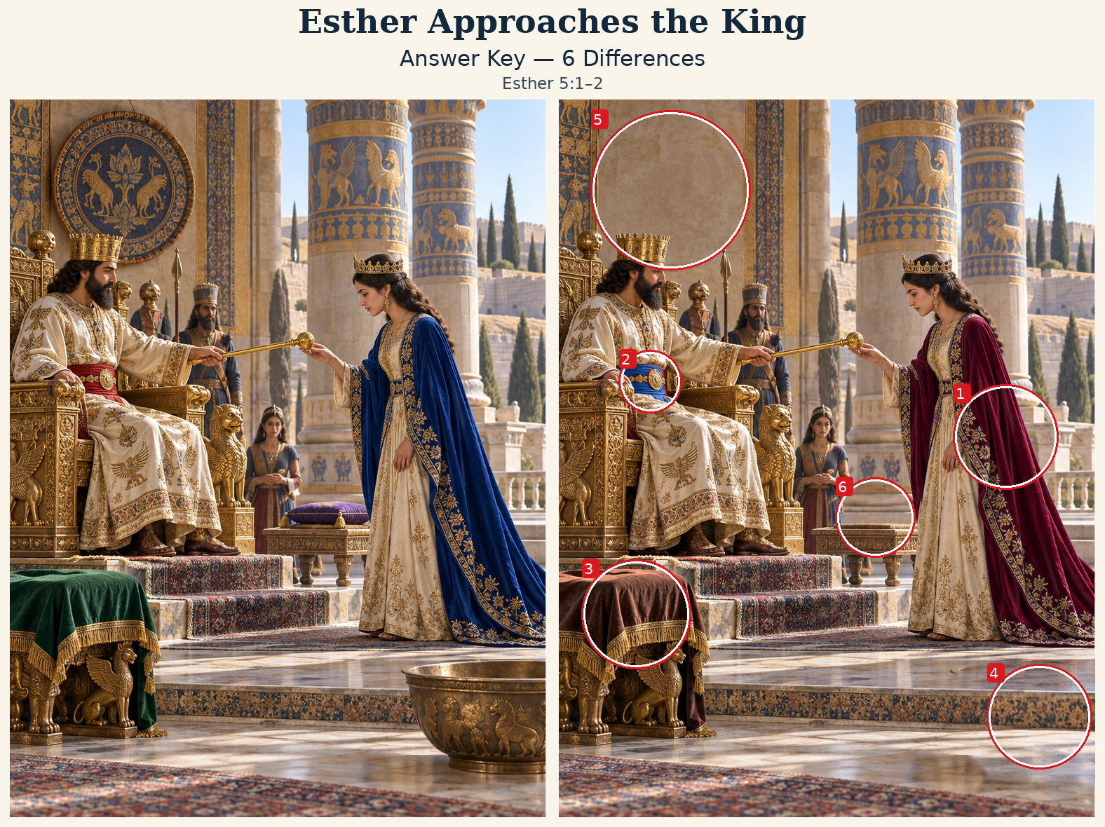 Answer key: six differences marked on the right scene