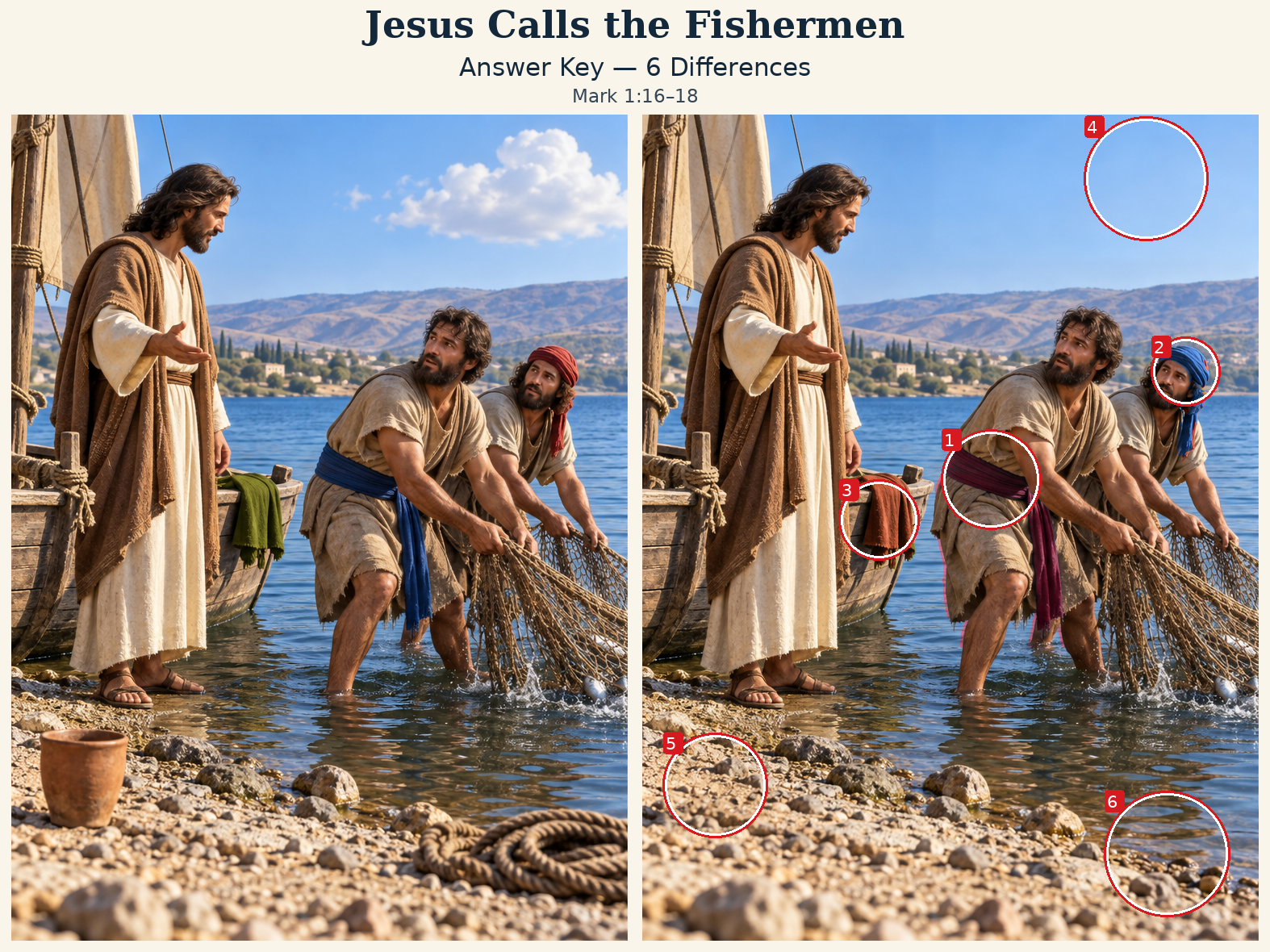 Answer key: six differences marked on the right scene