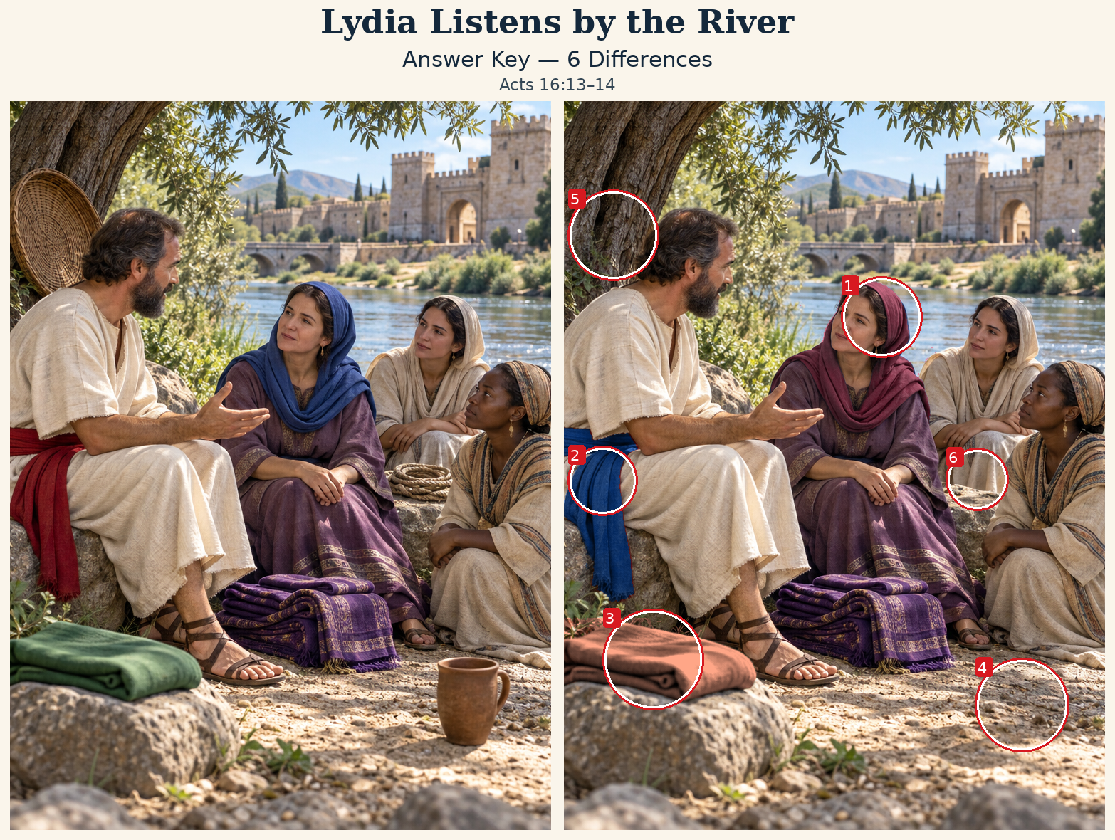 Answer key: six differences marked on the right scene