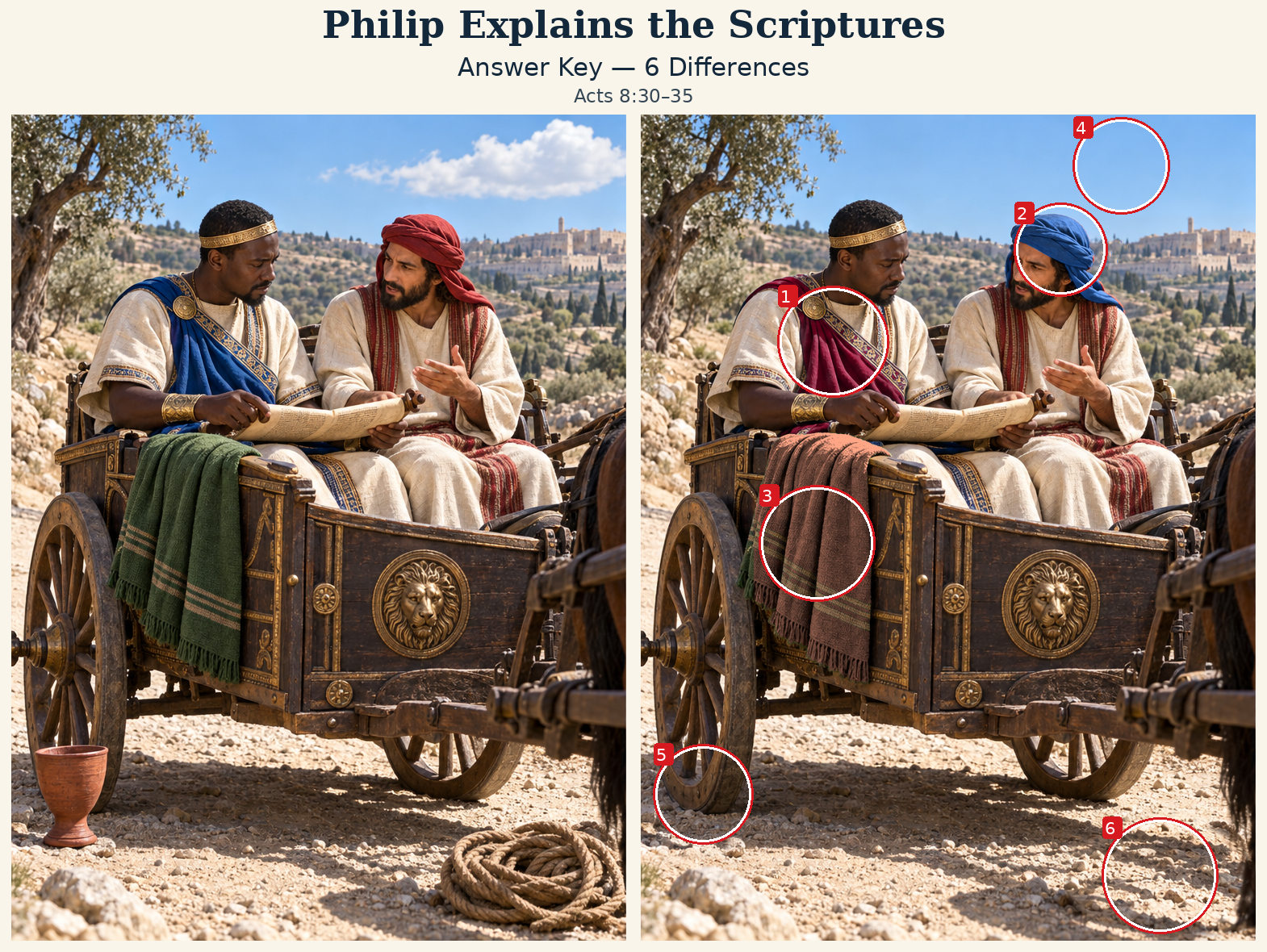 Answer key: six differences marked on the right scene