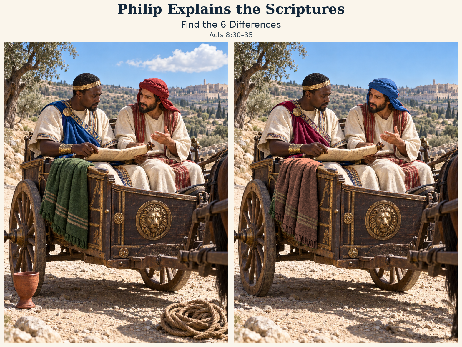 Two matching scenes of philip explains the scriptures, with six differences to find.