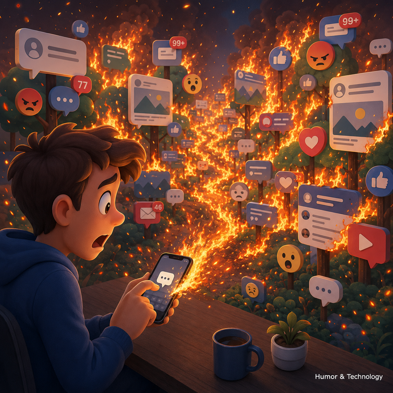 Humor and Technology illustration: Comment Wildfire.