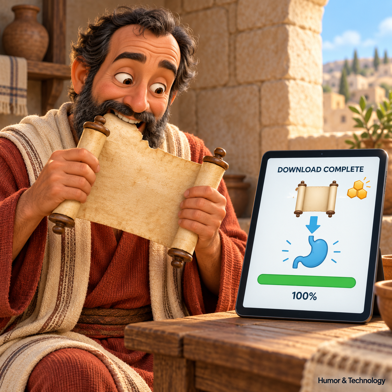 A man holds a scroll beside a display announcing a completed download.