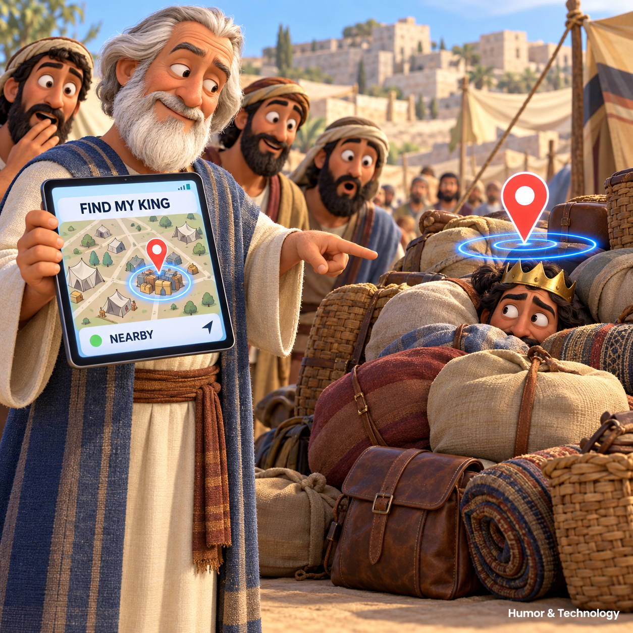 An older man uses a tablet to locate a crowned man hidden among baggage.