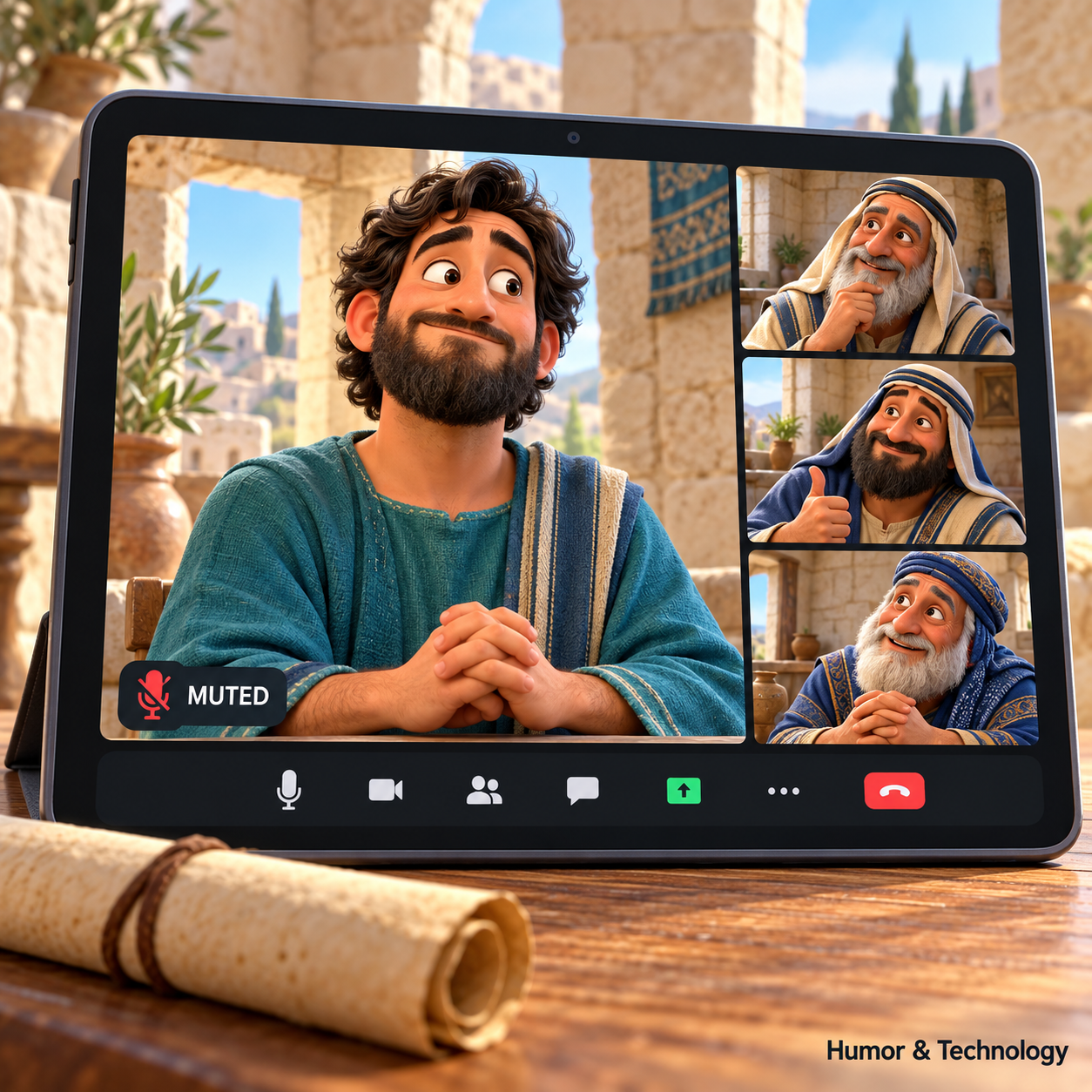 A silent man appears on a muted video call while onlookers consider his wisdom.