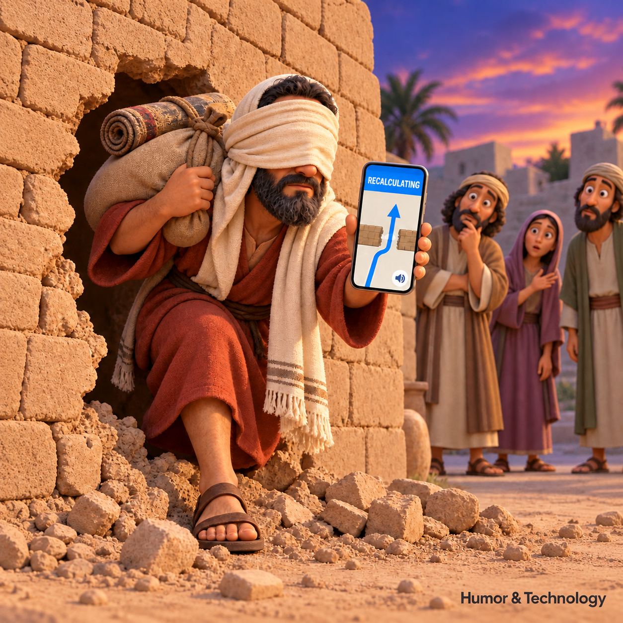 A traveler carrying baggage consults a device while leaving through a wall opening.
