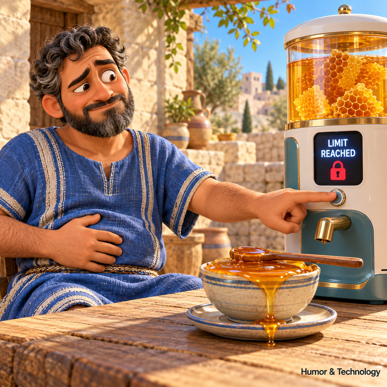 A man with honey faces a device showing that the serving limit has been reached.