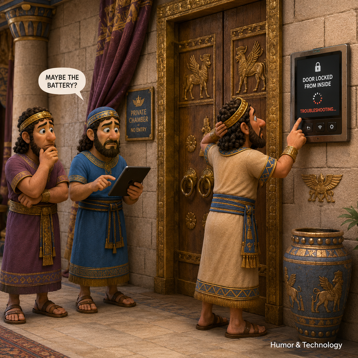 Humor and Technology illustration: Smart Lock Troubleshooting.